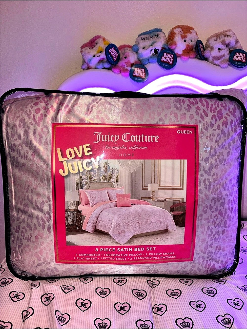 Juicy Couture Love Juicy 8 Piece Satin Bed Set Queen Pink